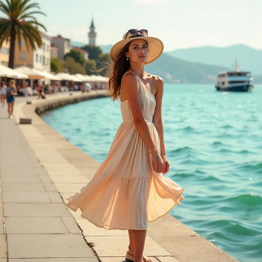 Coastal Couture in İzmir: Dress and Straw Hat