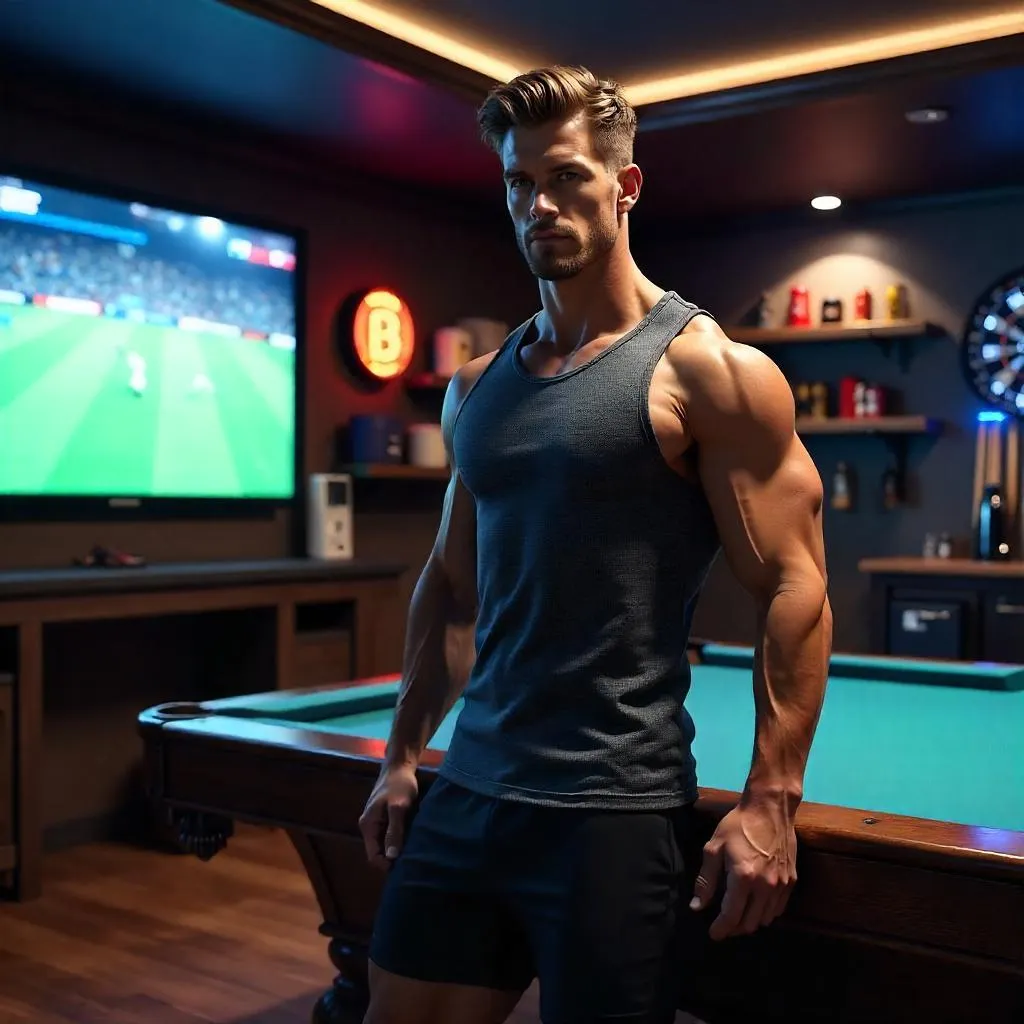 Athletic White Man in a Photorealistic Man Cave