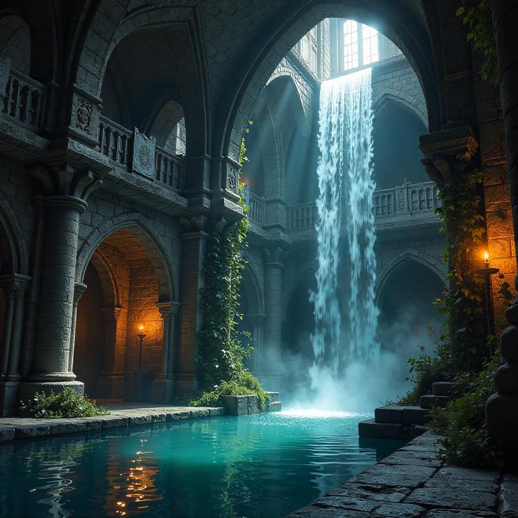 Photorealistic Waterfall Inside a Medieval Castle