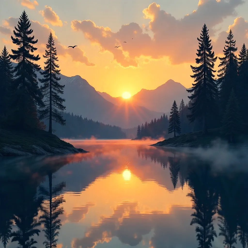 Sunset Over Silhouetted Pine Forest