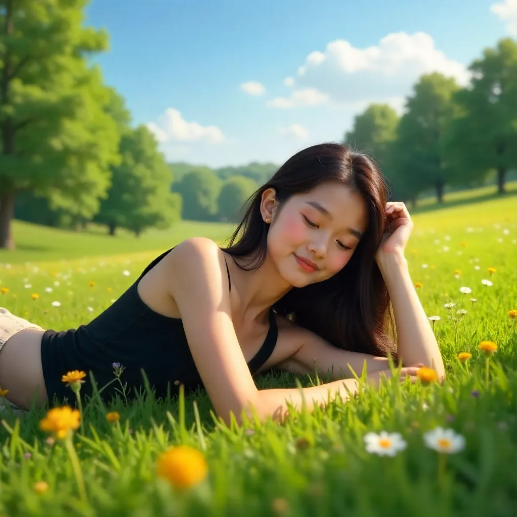 Sunlit Meadow Bliss: Woman in Black Top
