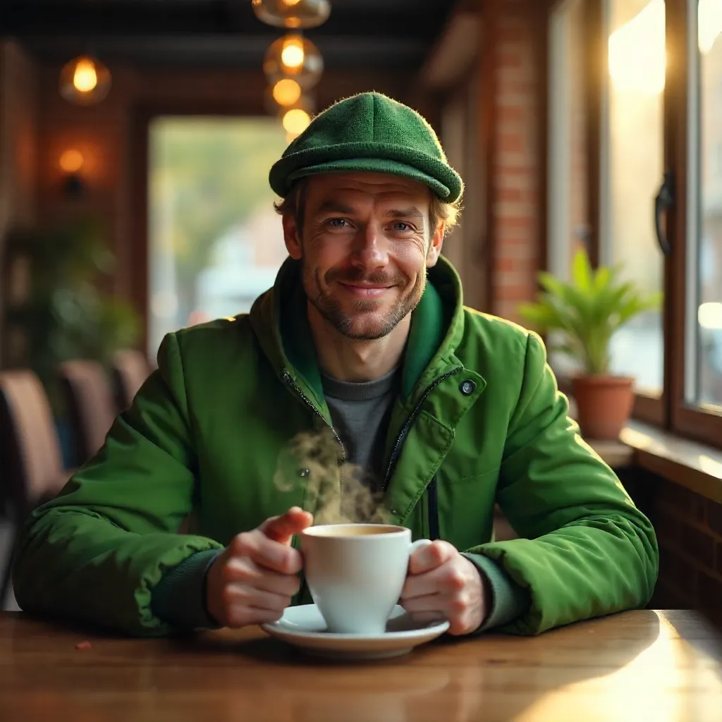 Cozy Café Moment: Young Man in Green Jacket
