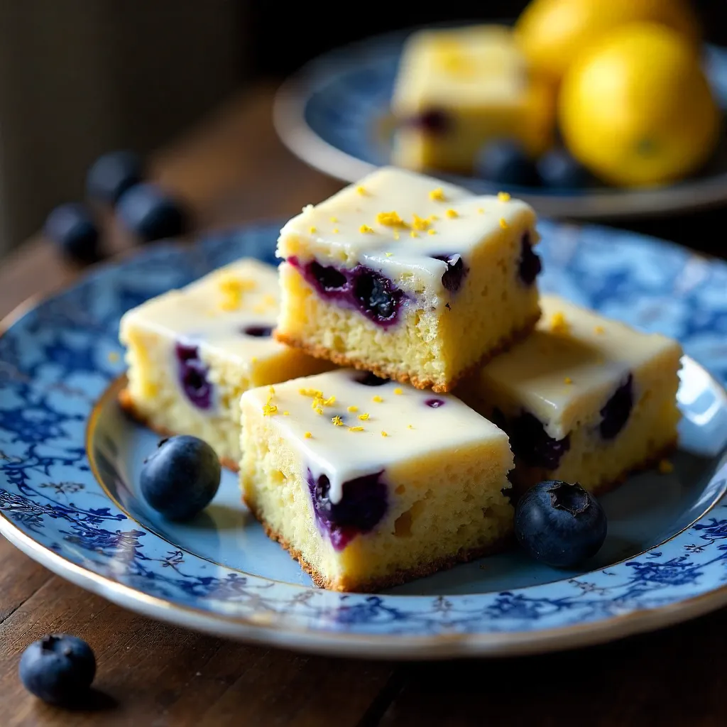 Blueberry Lemon Cake Bars on Ornate Blue Plate