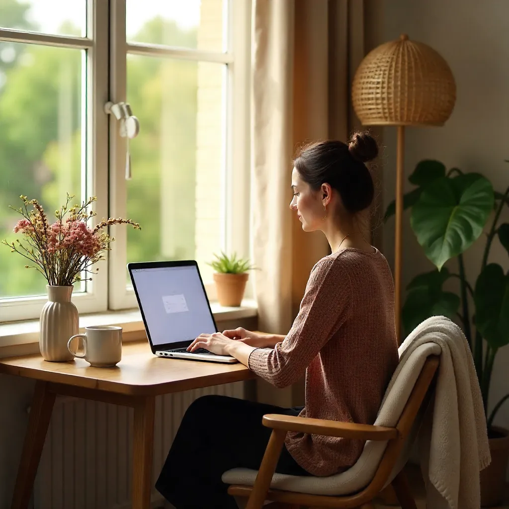 Cozy Home Workspace: Laptop, Flowers and Woven Lamp