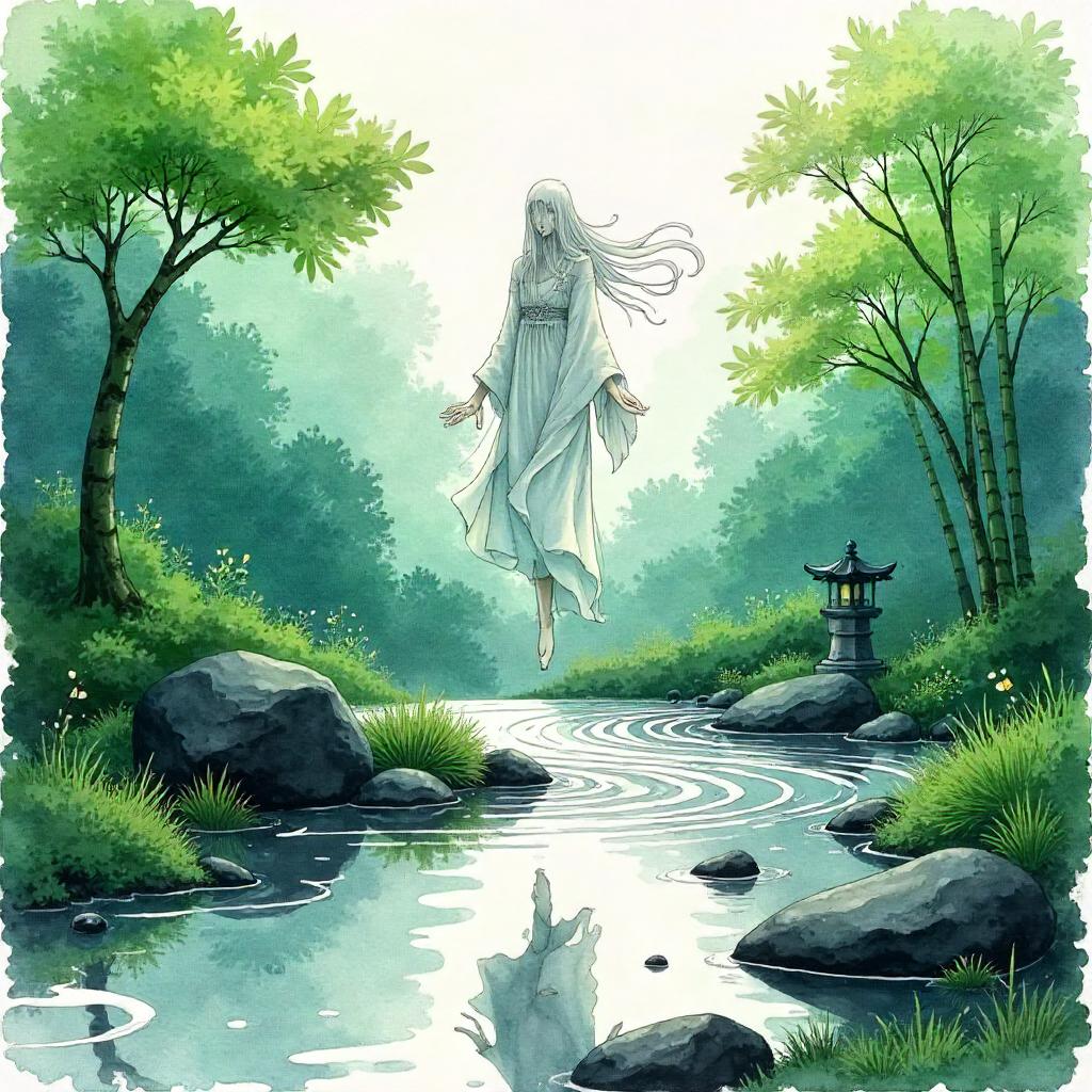 Watercolor Banshee in a Tranquil Zen Garden