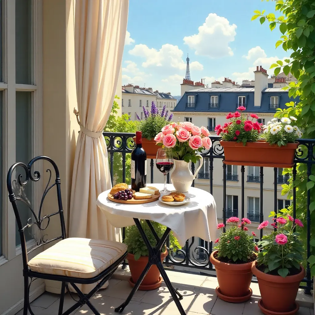 Cozy Parisian Balcony with Wine and Flowers