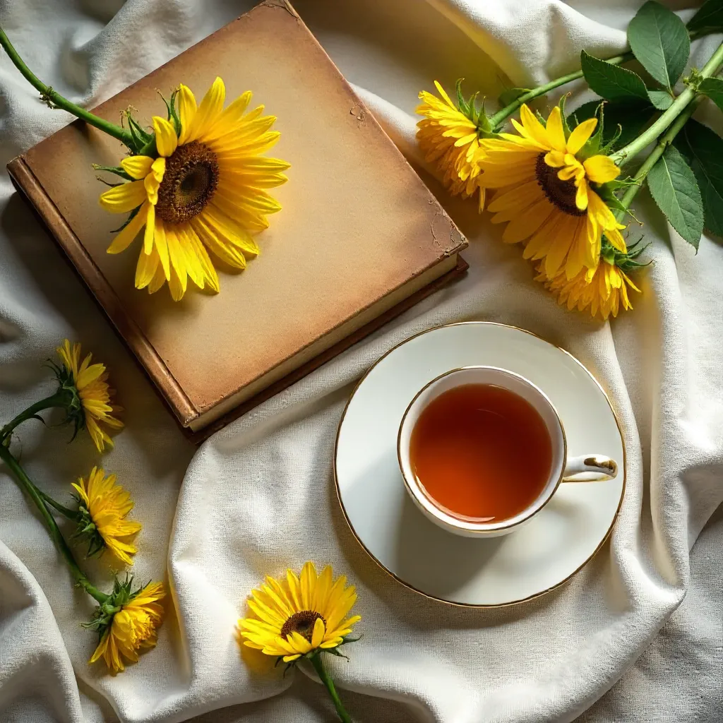 Cozy Tea Flat Lay with Vintage Book and Yellow Flowers