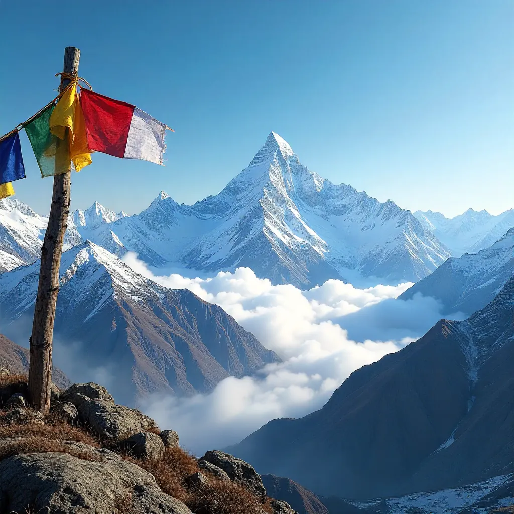 Prayer Flags Over Himalayan Peaks of Nepal