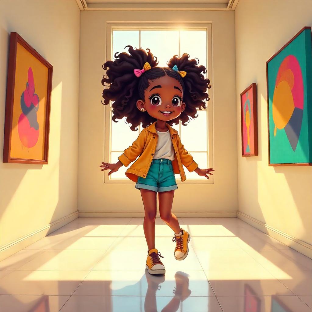 Cheerful Anime Girl in a Bright Art Gallery