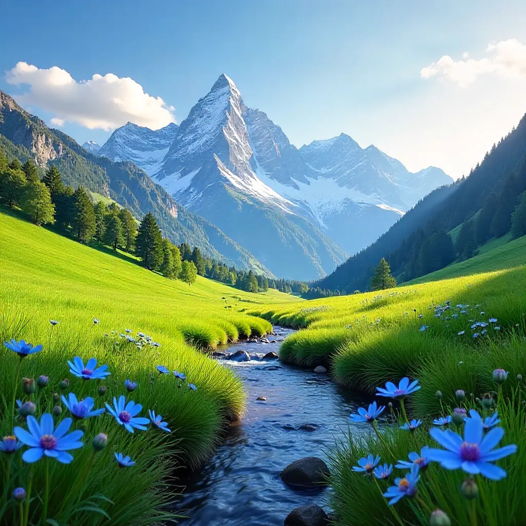 Snow-capped Peaks with Spring Blue Blooms