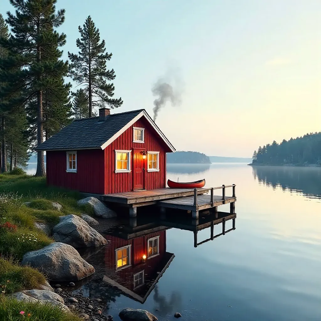 Nordic Serenity: Stockholm Lake Cabin at Golden Hour