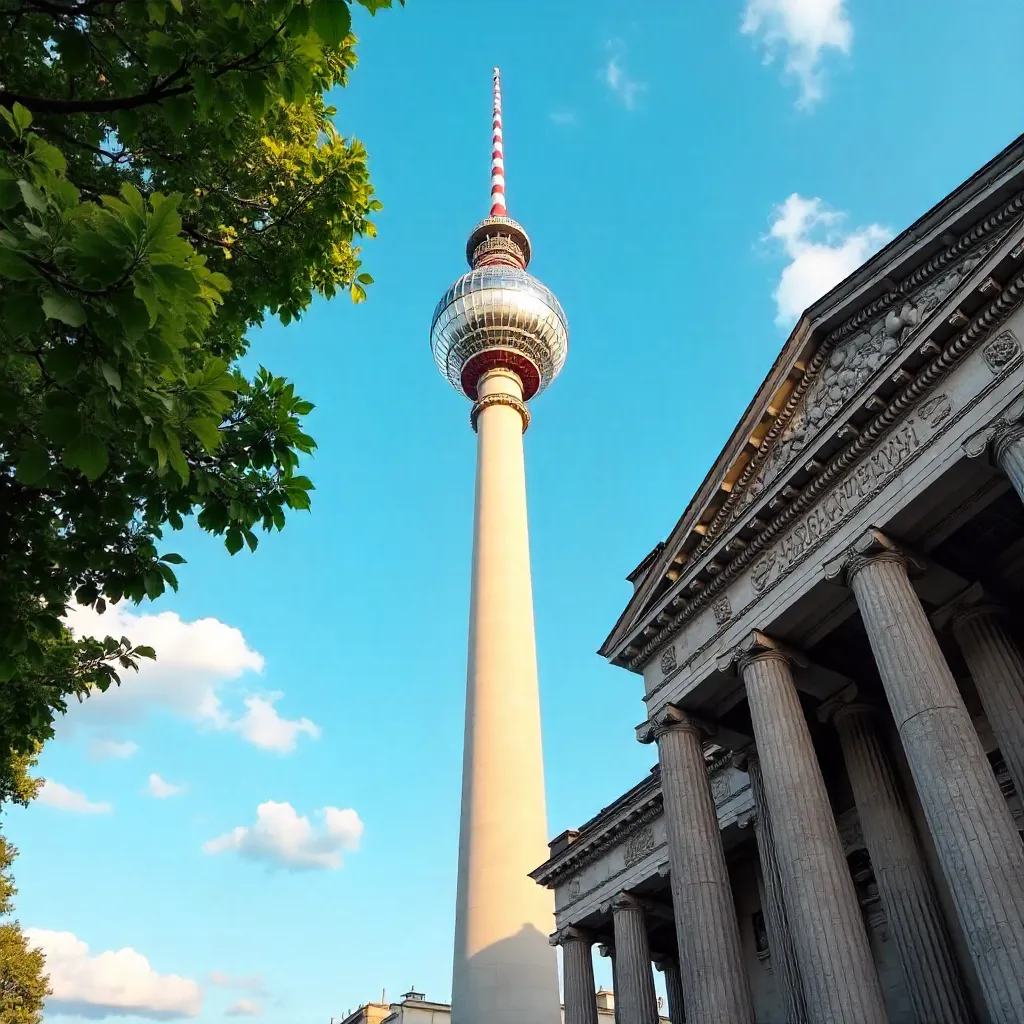 Berlin TV Tower Framed by Leaves and Classical Architecture
