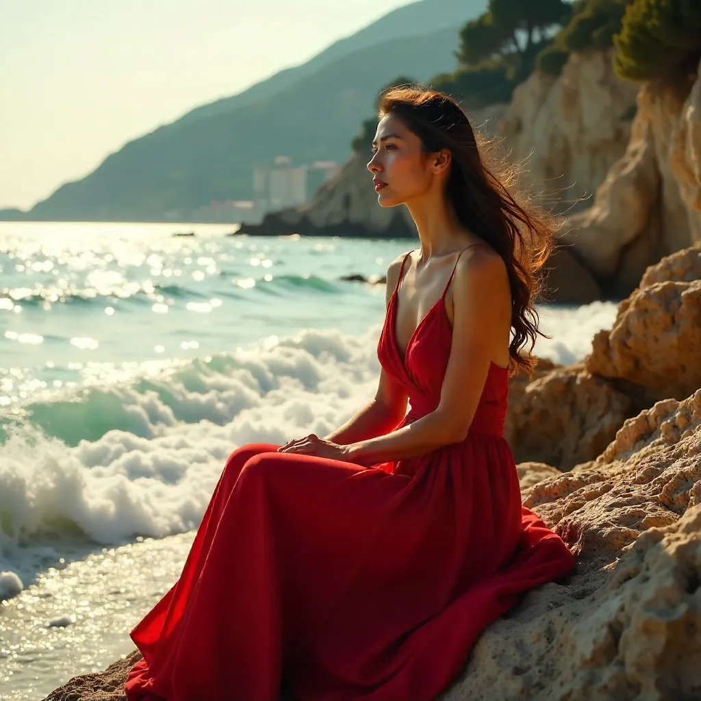 Red-dressed beauty on Antalya's rocky shore