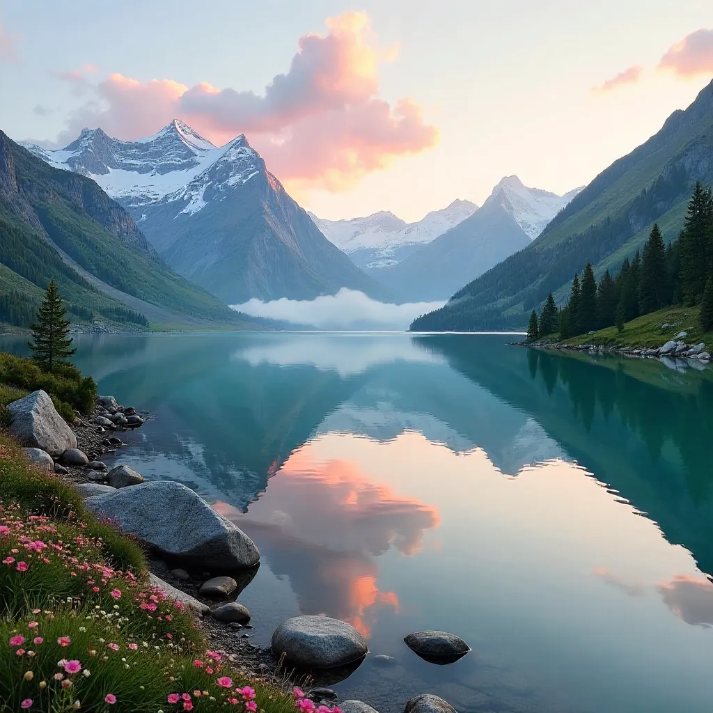 Mirror Lake Among Snowy Peaks and Verdant Valleys