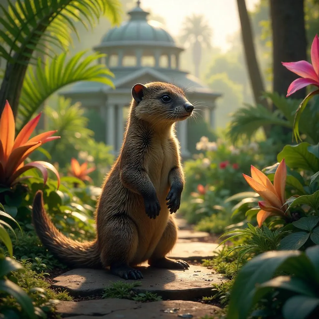 Photorealistic mongoose in a lush botanical garden