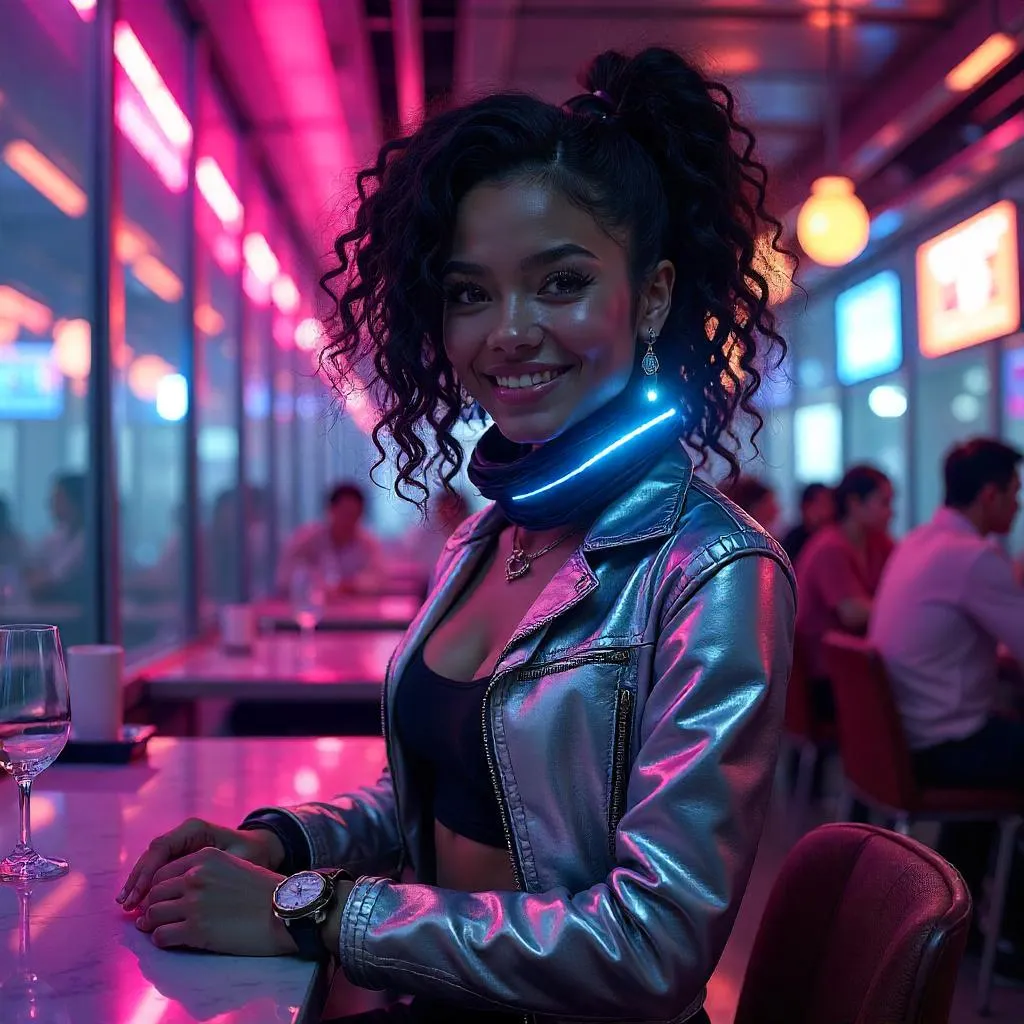 Cheerful Cyberpunk Latina in Neon Restaurant