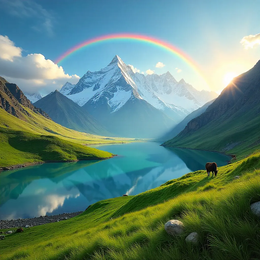 Rainbow Over Lush Tibetan Mountains, Tibet