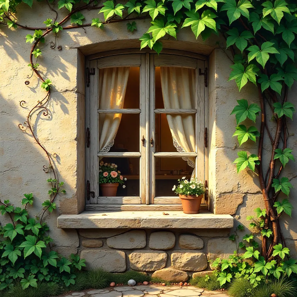 Charming Rustic Window in Ivy-Clad Stone Wall