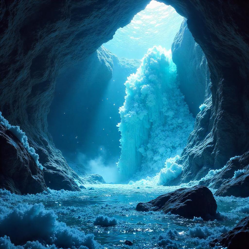 Avalanche of Ice in an Enigmatic Underwater Cave