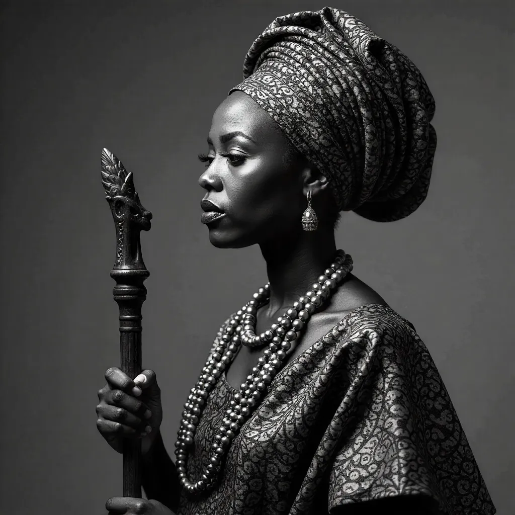 Monochrome Yoruba Portrait with Decorative Staff