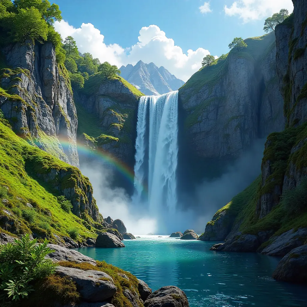 Waterfall Between Rugged Cliffs Under Bright Blue Sky