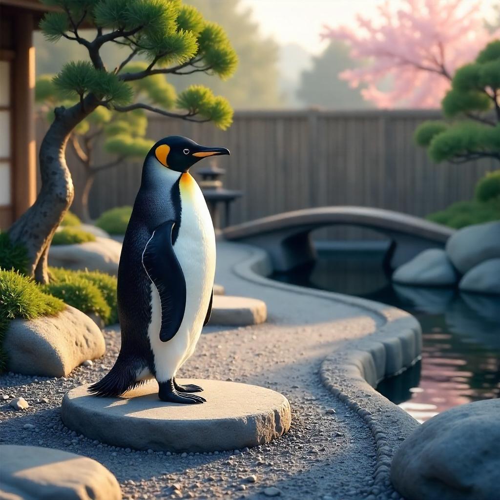 Penguin in a Serene Zen Garden