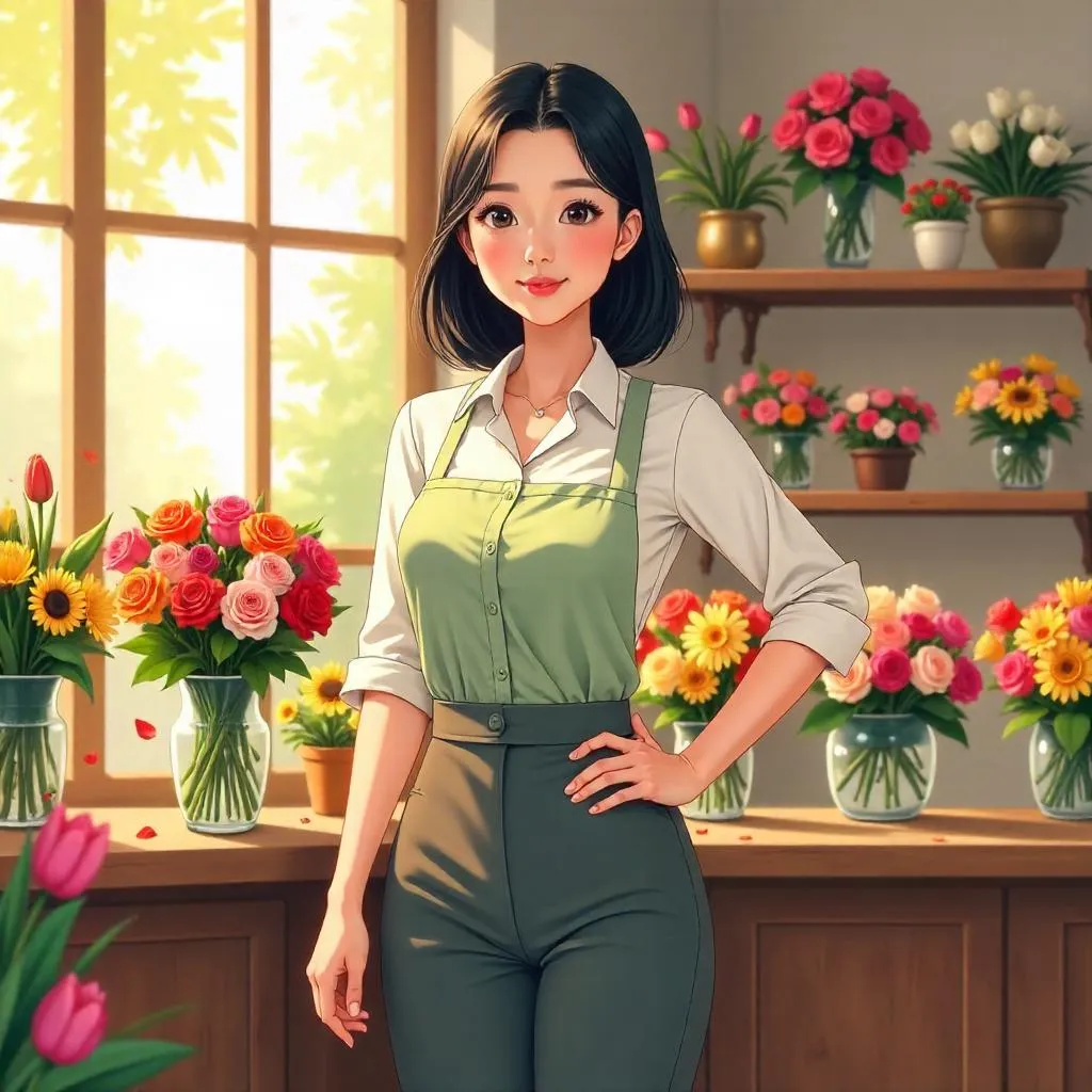 Confident Asian Woman in an Anime Flower Shop