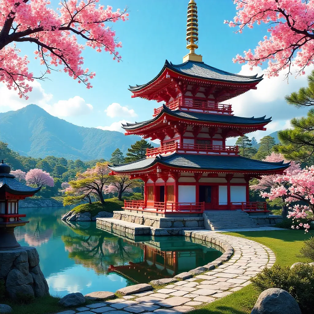 Stunning Japanese Pagoda Under Clear Blue Sky