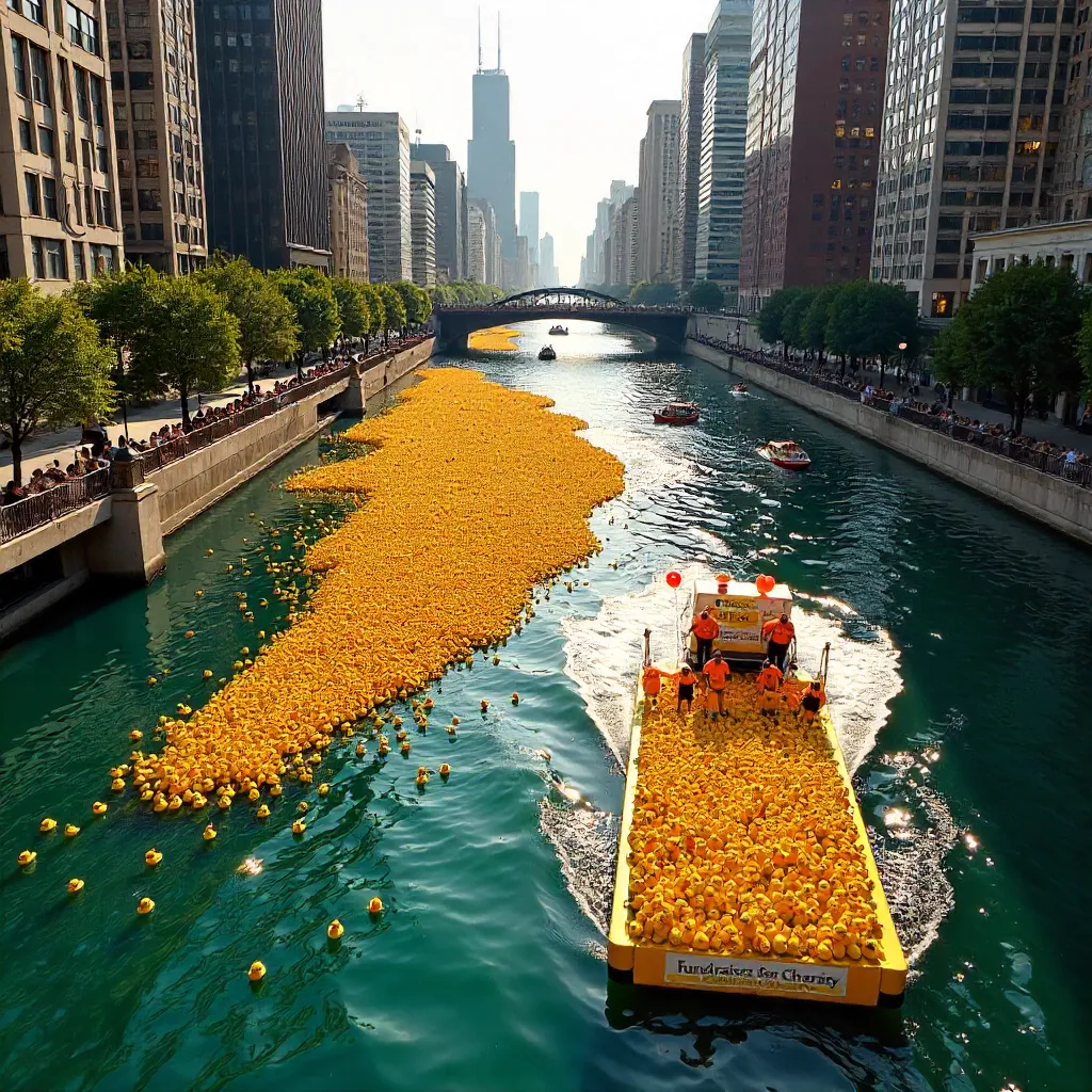 Aerial View: Yellow Rubber Ducks on Chicago River Fundraiser