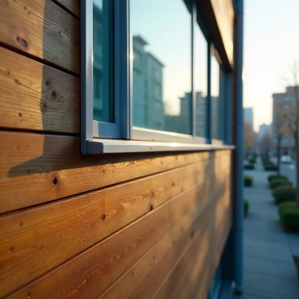 Close-Up: Modern Wooden Facade with Blue Glass