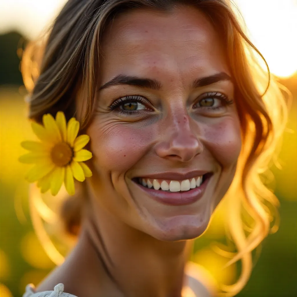 Smiling Woman with Yellow Flower Behind Ear