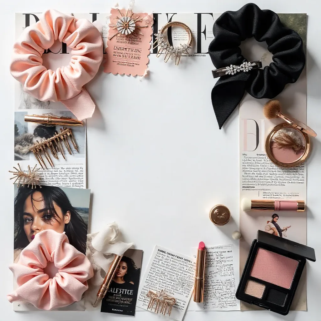Flat-Lay Beauty & Hair Accessories on Magazine Page