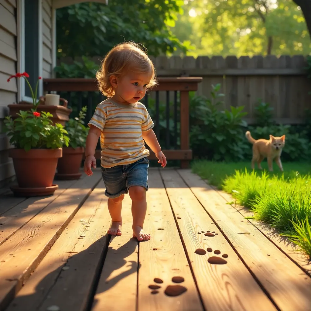 Child on sunlit deck discovers animal paw prints