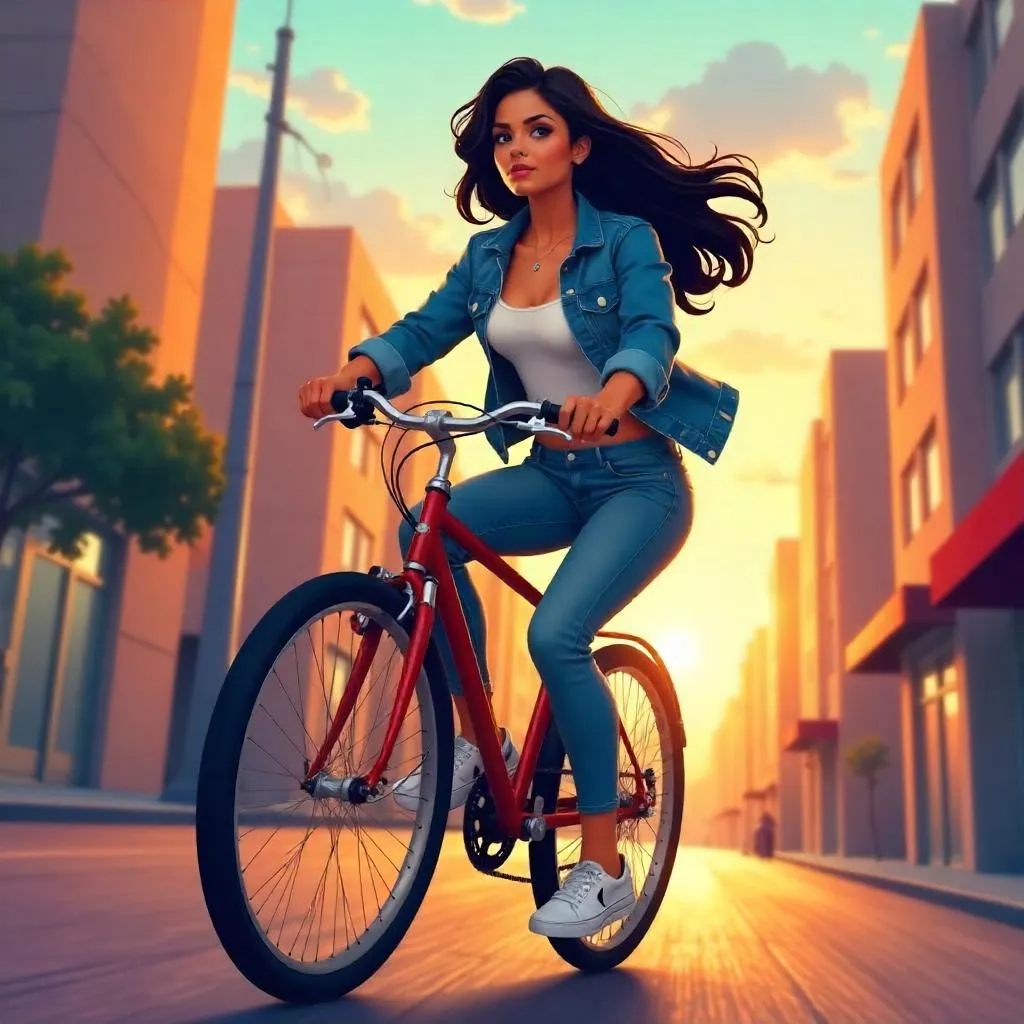 Latina Woman on a Bicycle in Anime Style