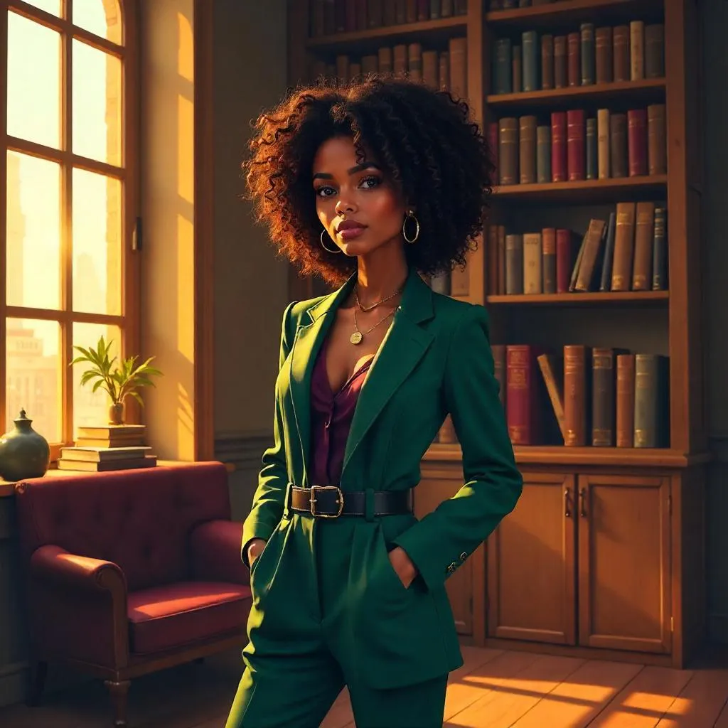 Stylish Latina in a Cozy Library — Digital Art Portrait