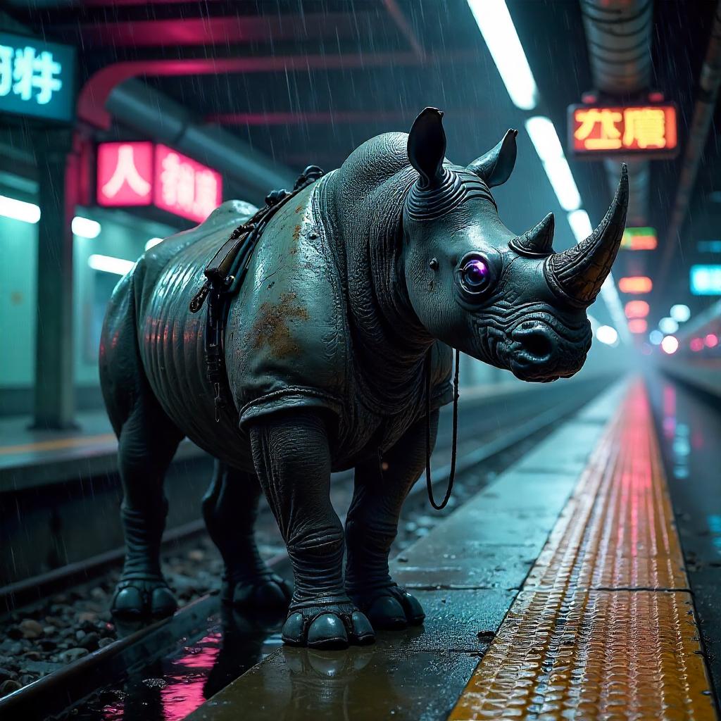 Rhino in a Neon Cyberpunk Train Station