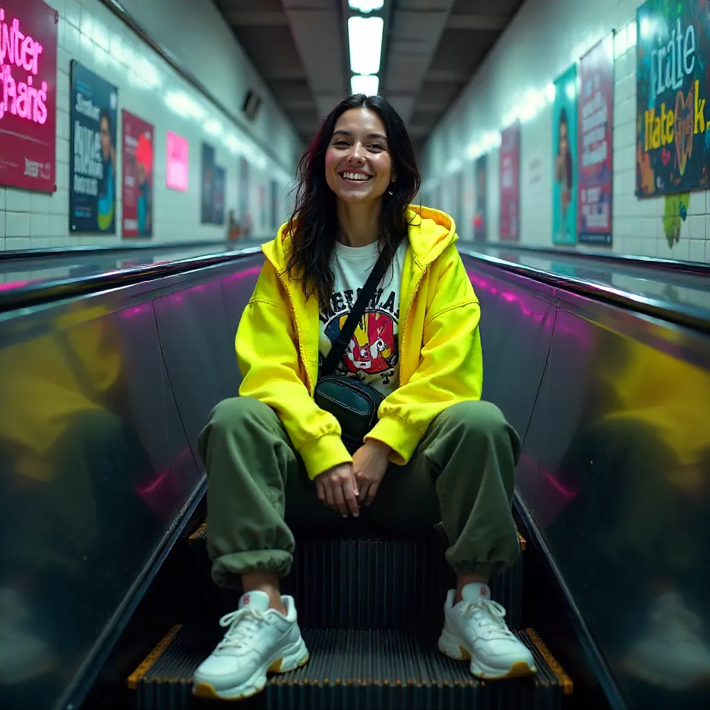 Smiling Woman on Subway Escalator: Urban Youth Vibe