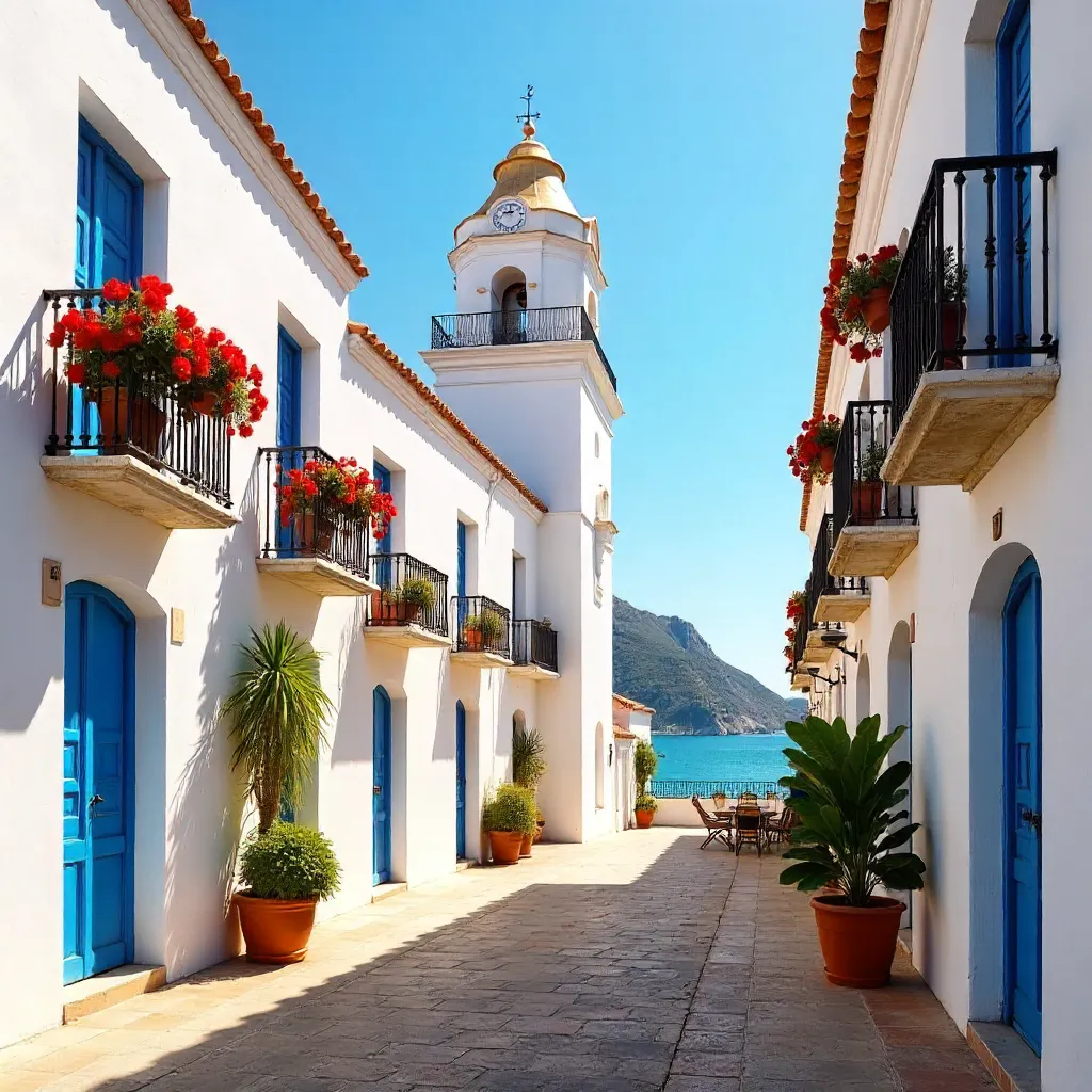Sunny Marbella Old Town Clock Tower Scene