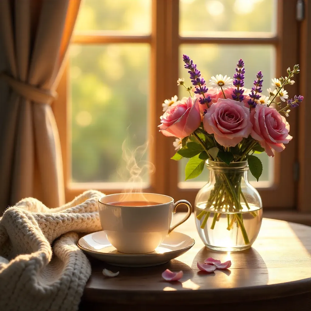 Golden Hour Tea Moment with Flowers on a Cozy Table