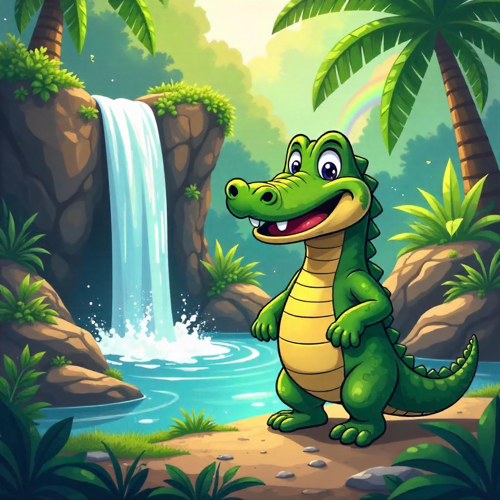 Playful Cartoon Crocodile Near a Waterfall