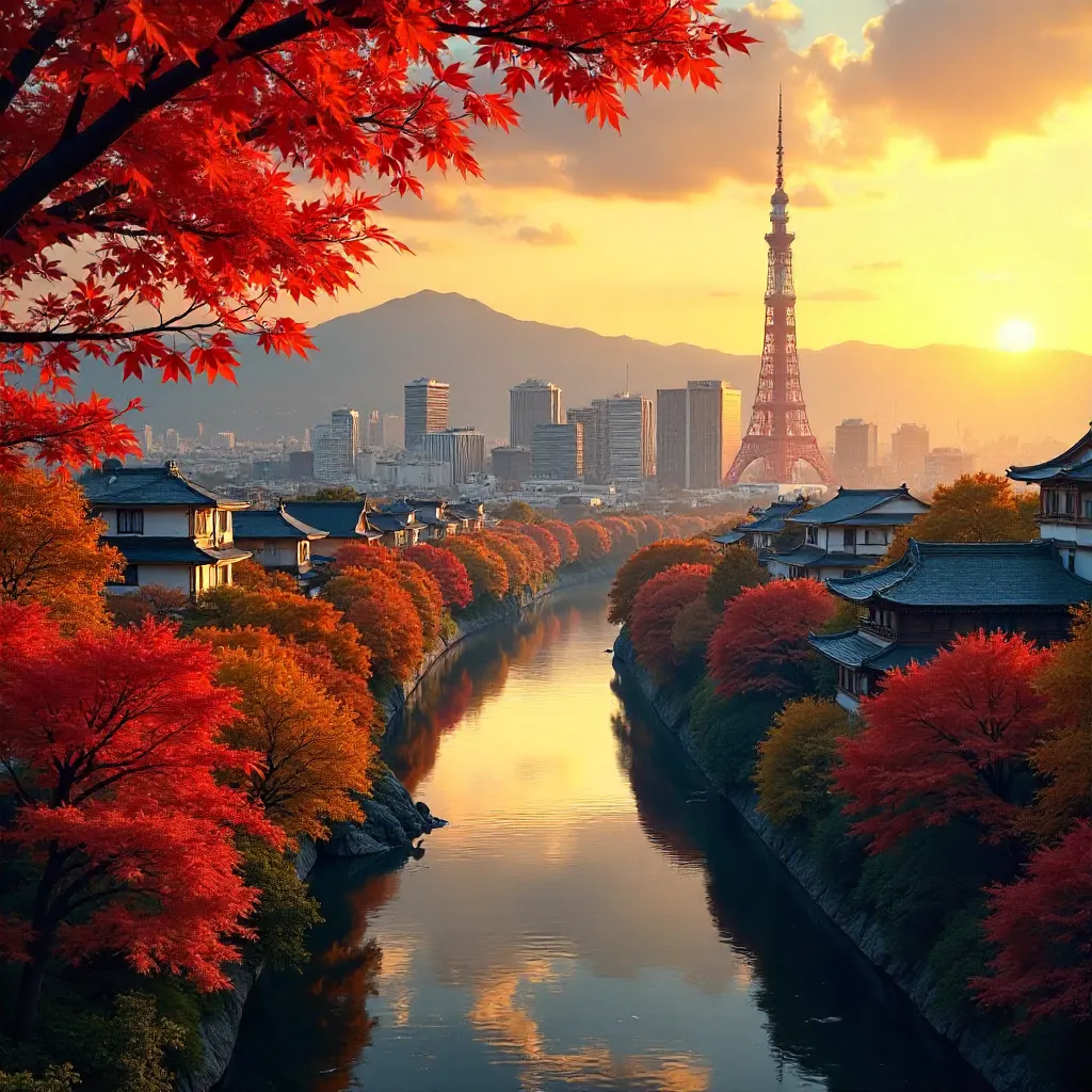 Kyoto Skyline at Golden Hour: Kyoto Tower Amid Autumn Foliage