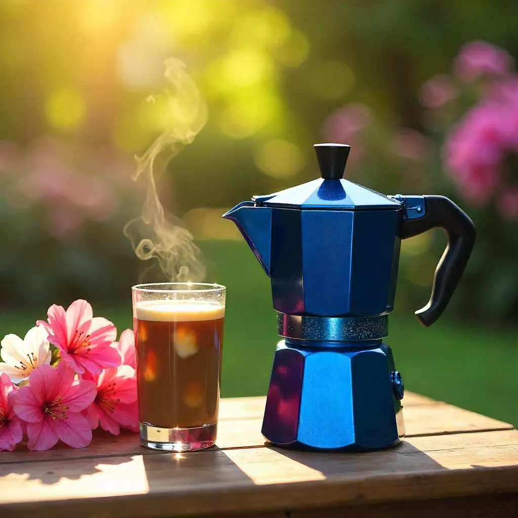 Elegant Blue Moka Pot with Iced Coffee and Azaleas in Sunlight