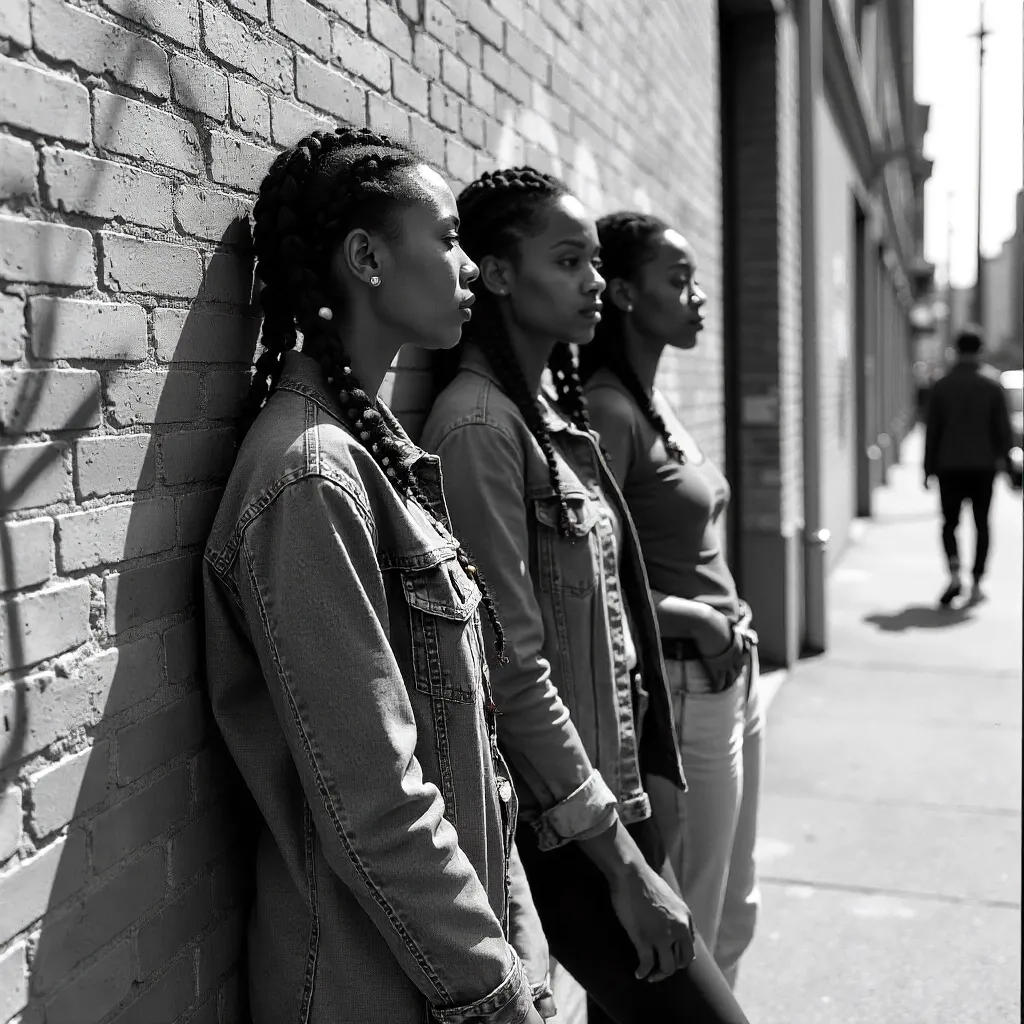 Monochrome Street Braiding: Three Women by an Urban Wall