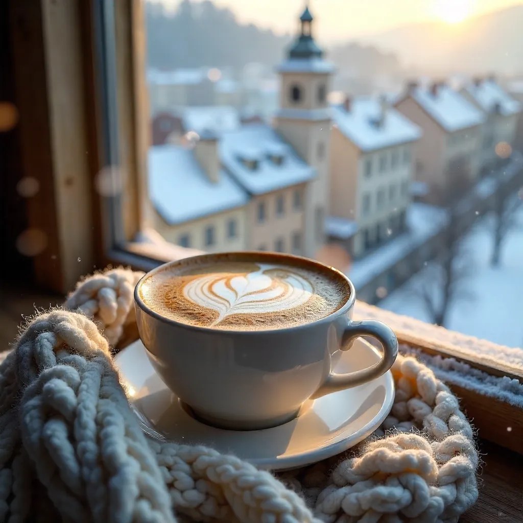 Warm Latte Art on a Cozy Blanket in Snowy Graz, Austria