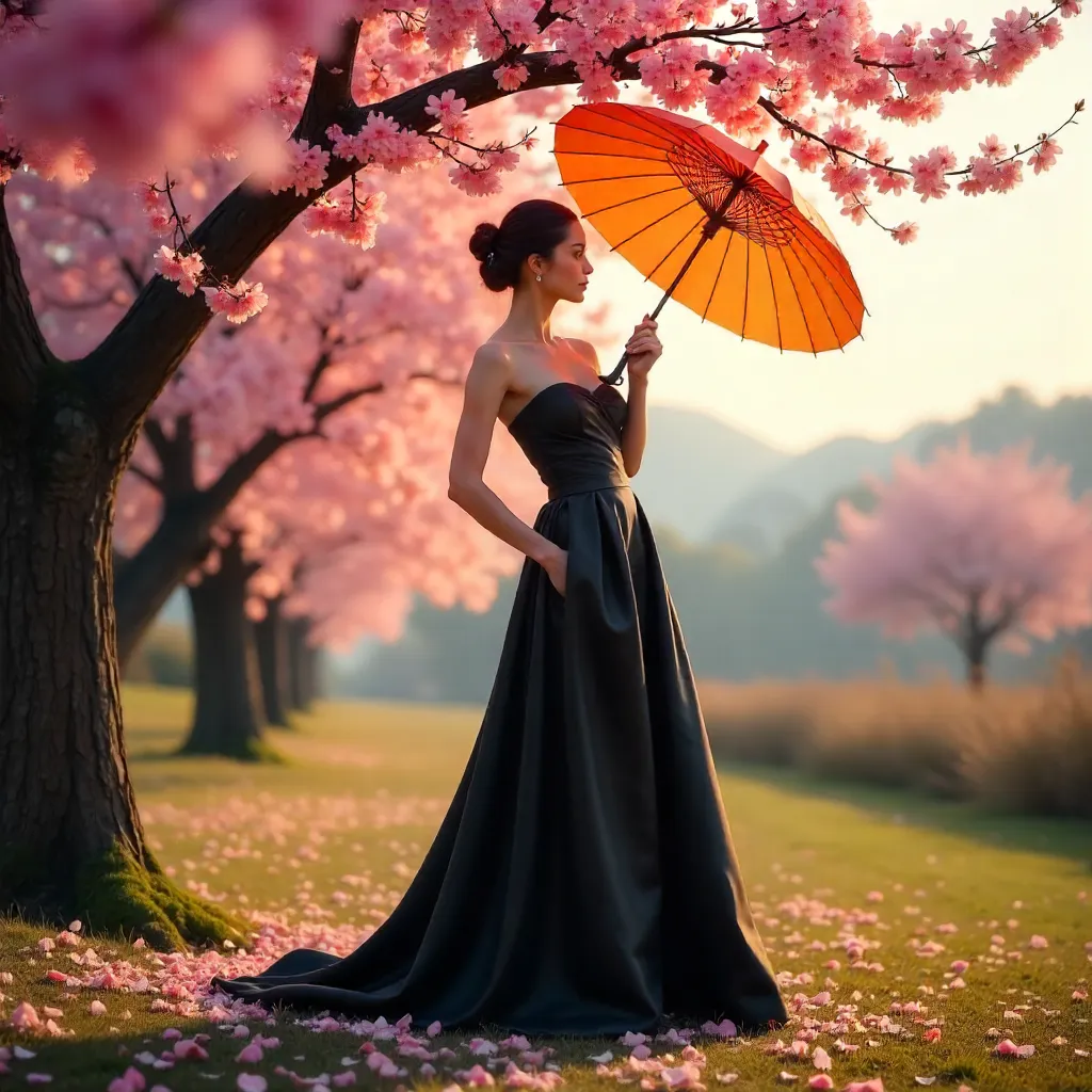 Spring Elegance: Black Dress and Orange Parasol