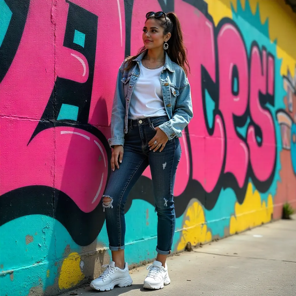 Confident Young Woman Against Neon Graffiti in Daylight