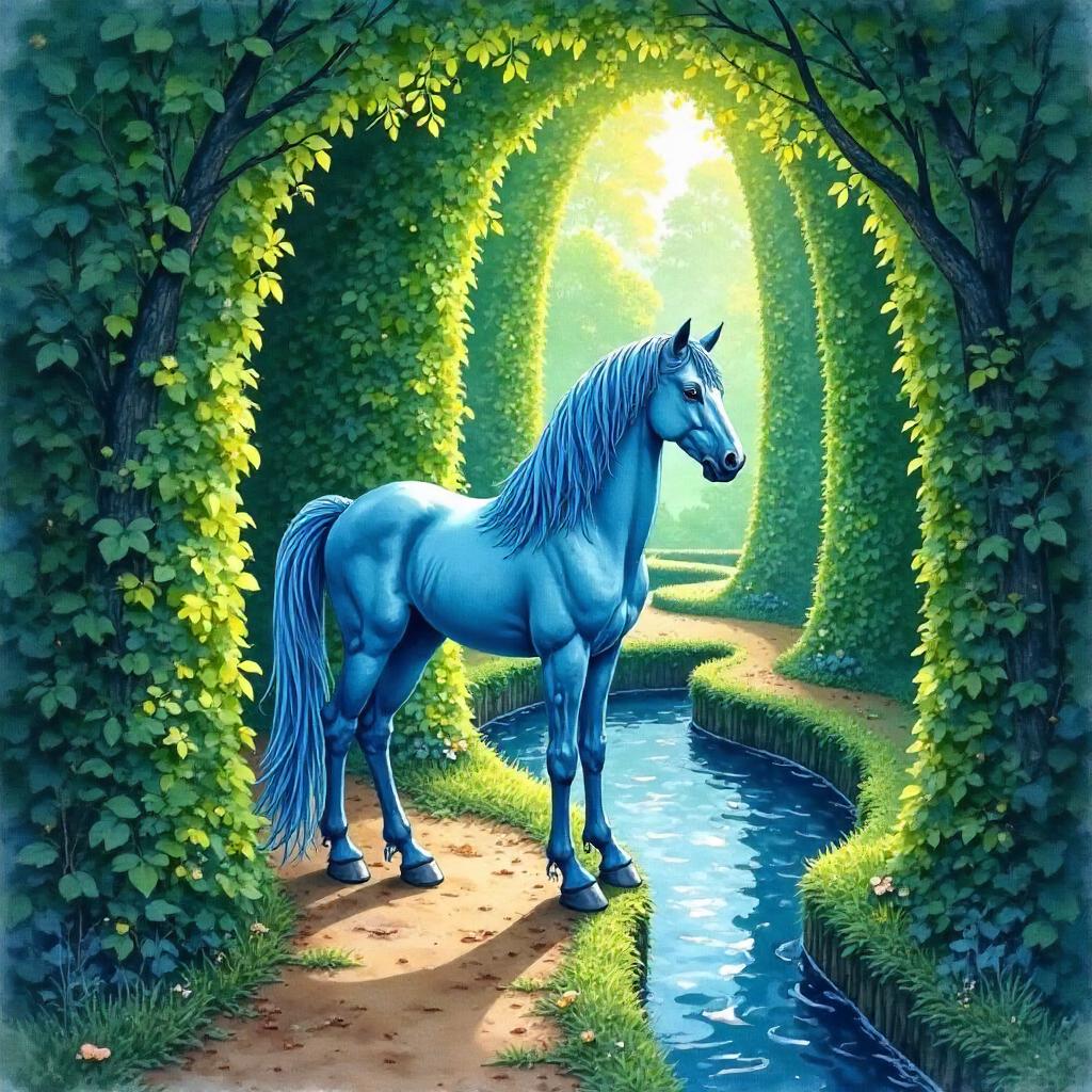 Kelpie in a Watercolor Hedge Maze