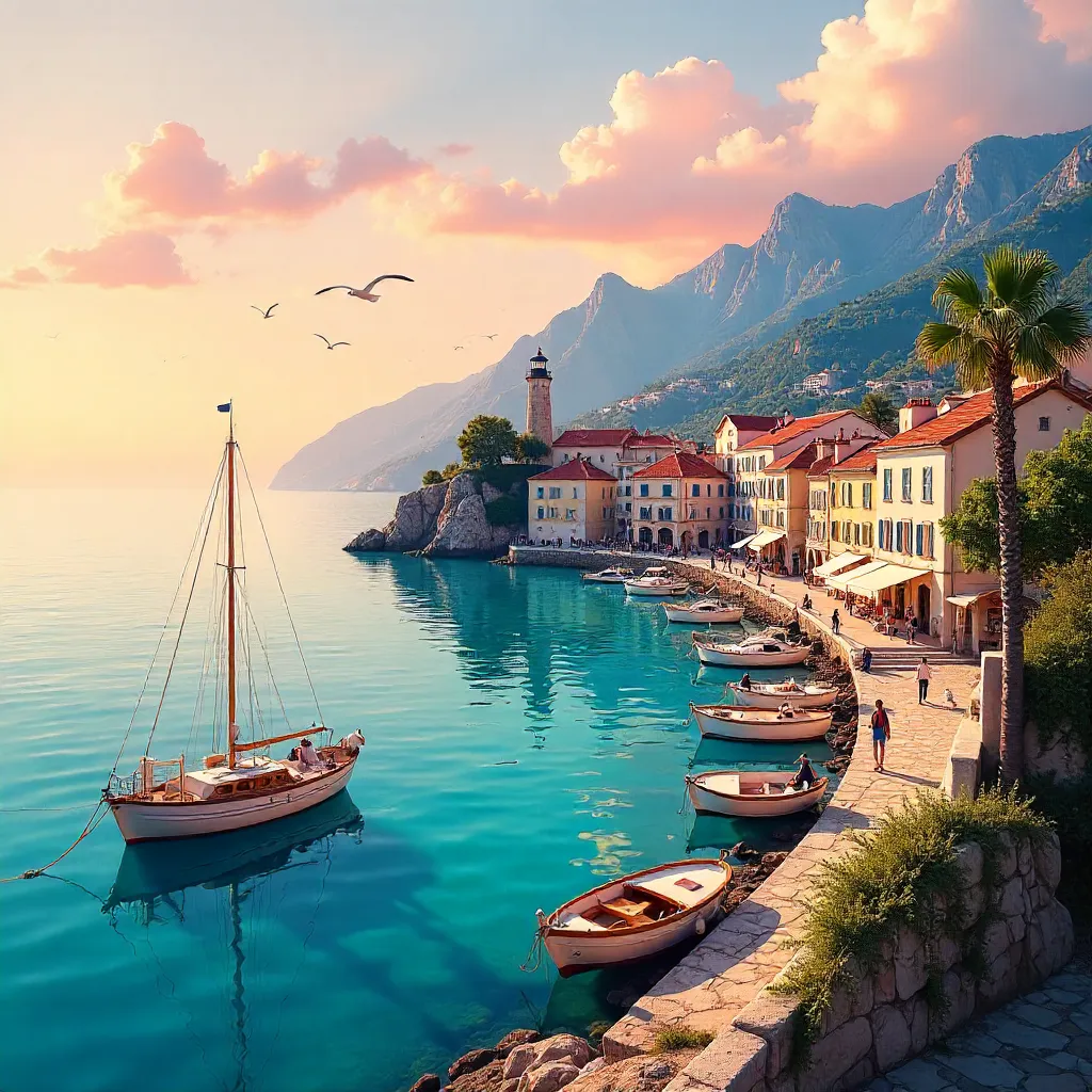 Golden Hour Harbor: Boats, Mountains, Quaint City