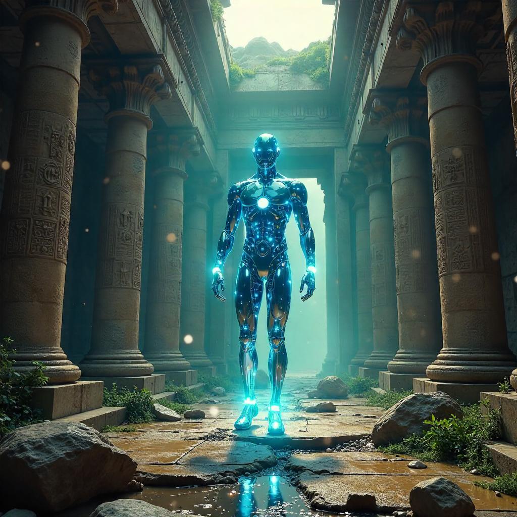 AI Construct in Temple Ruins: 3D Render