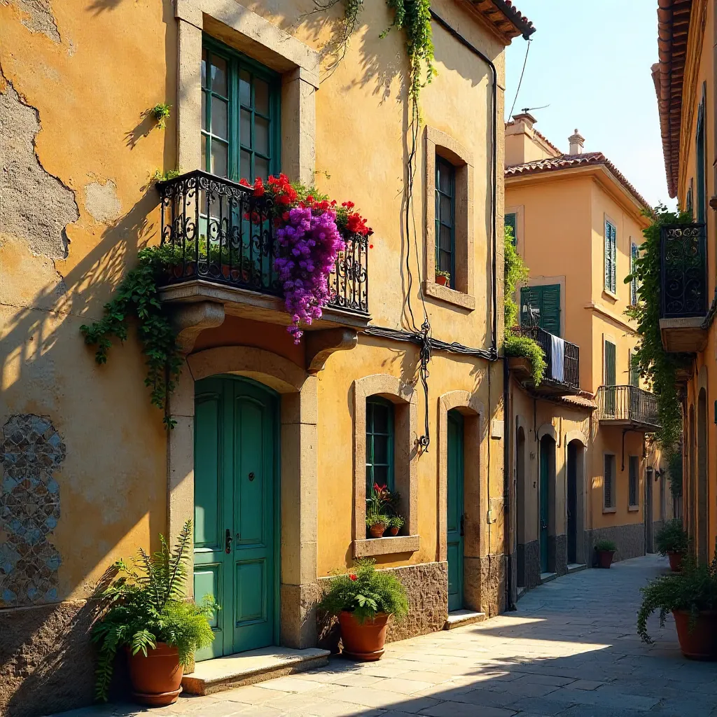 Rustic Barcelona Facade with Lush Balcony